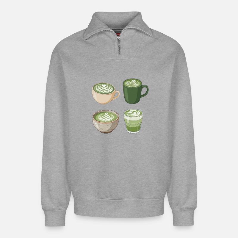 Matcha Liebe – Süße Matcha Latte Illustration - Relaxed Unisex Organic Half Zip Sweatshirt – von SPREAD - Grau meliert