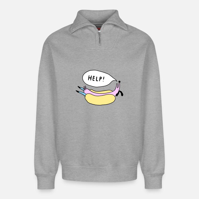 Help_Hot_Dog - Sweat unisexe décontracté en coton biologique à demi-zip – de SPREAD - gris chiné