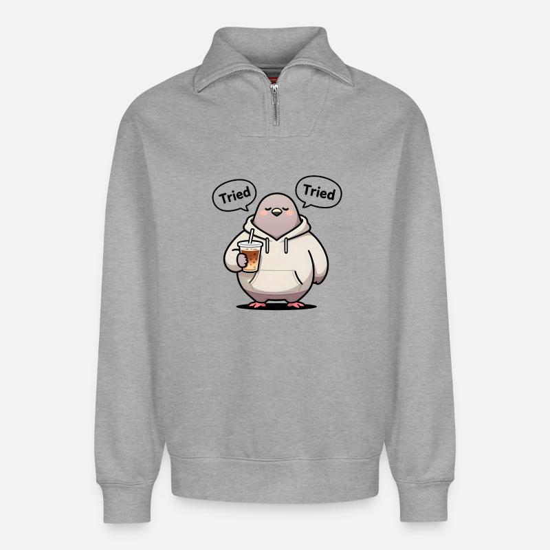 Pigeon Chubby “I Tried” - Relaxed Unisex Organic Half Zip Sweatshirt – by SPREAD - heather grey