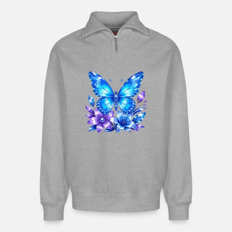 Blauer Schmetterling mit Lavendelblüten - Relaxed Unisex Organic Half Zip Sweatshirt – von SPREAD - Grau meliert