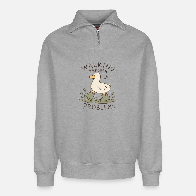 Duck Walking Through Problems - Relaxed Unisex Organic Half Zip Sweatshirt – by SPREAD - heather grey