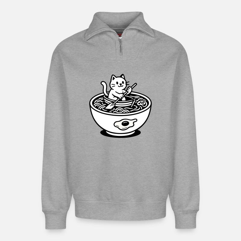 Mignon Noudle Soup Chat - Sweat unisexe décontracté en coton biologique à demi-zip – de SPREAD - gris chiné