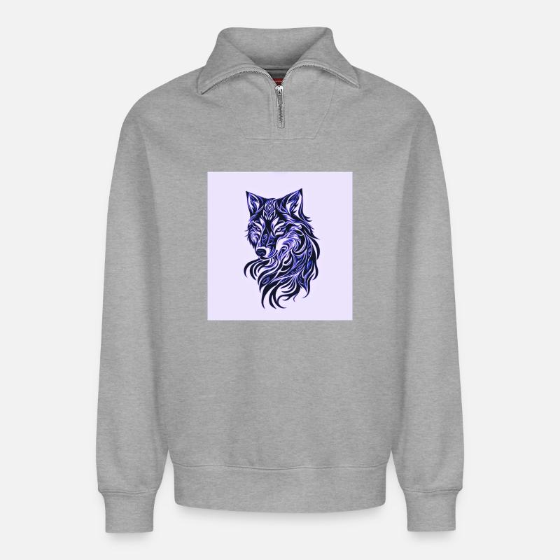 Wolfs Linienkunst in Blau - Relaxed Unisex Organic Half Zip Sweatshirt – von SPREAD - Grau meliert