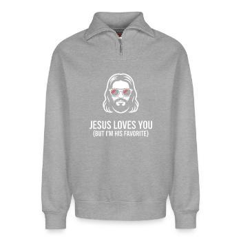 T-shirt préféré de Jesus Loves You - Sweat unisexe décontracté en coton biologique à demi-zip – de SPREAD - gris chiné - Devant