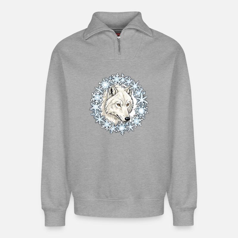 Winterwolf im Schneeflockenkreis - Relaxed Unisex Organic Half Zip Sweatshirt – von SPREAD - Grau meliert