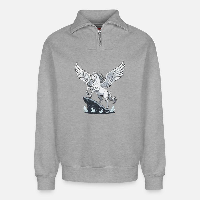 Weißer Pegasus auf Kristallfelsen - Relaxed Unisex Organic Half Zip Sweatshirt – von SPREAD - Grau meliert