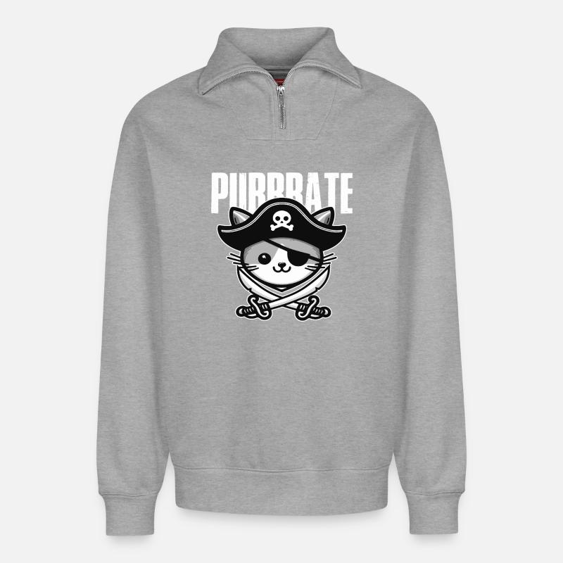 Piratenkatze Dreispitz - Relaxed Unisex Organic Half Zip Sweatshirt – von SPREAD - Grau meliert