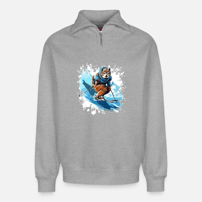 Eule Ski Skifahren - Relaxed Unisex Organic Half Zip Sweatshirt – von SPREAD - Grau meliert