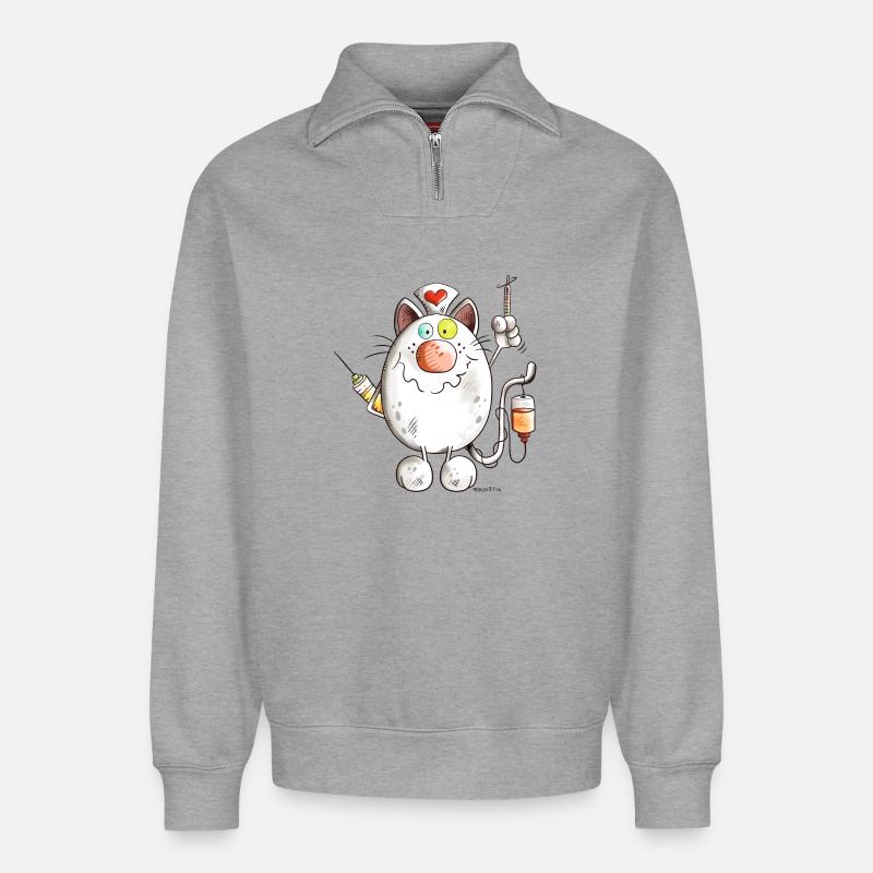 Krankenschwester Katze mit Herz - Comic - Relaxed Unisex Organic Half Zip Sweatshirt – von SPREAD - Grau meliert