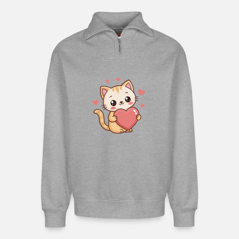 Süßes Kätzchen-Cartoonherz - Relaxed Unisex Organic Half Zip Sweatshirt – von SPREAD - Grau meliert