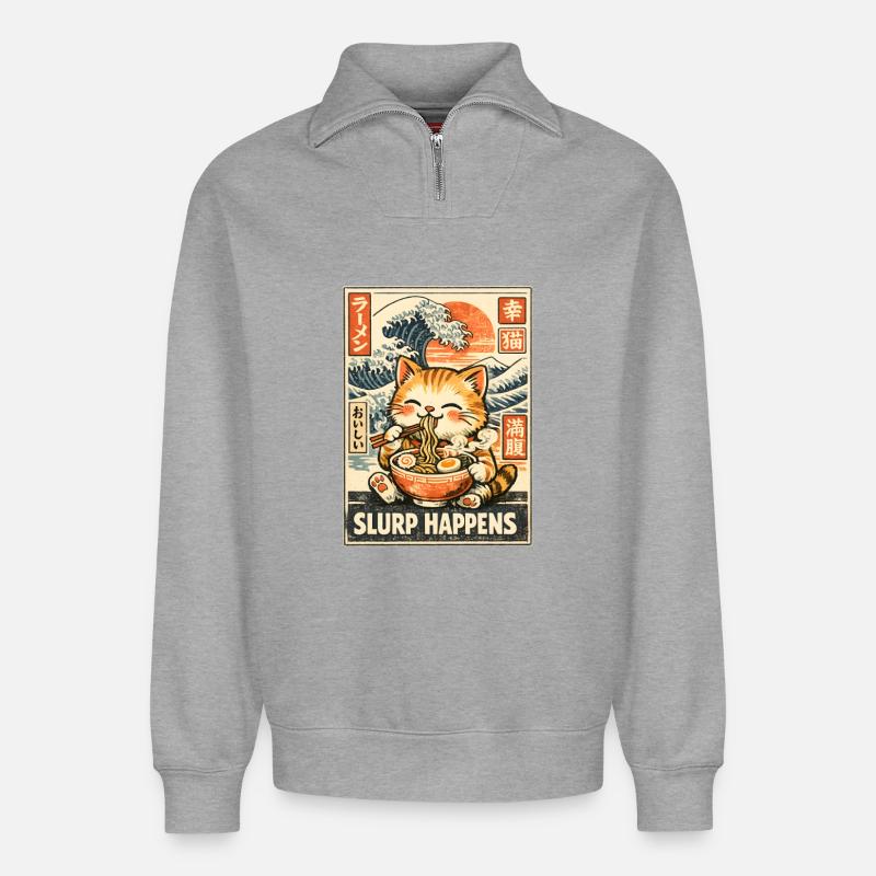Ramen Katze - Relaxed Unisex Organic Half Zip Sweatshirt – von SPREAD - Grau meliert