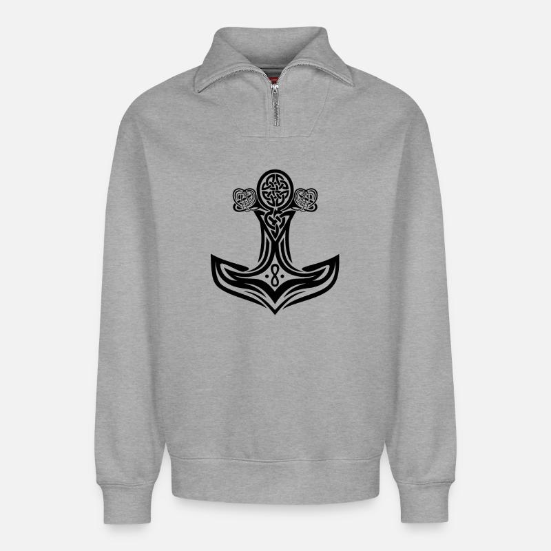 Vikings Thors Hammer - Relaxed Unisex Organic Half Zip Sweatshirt – von SPREAD - Grau meliert