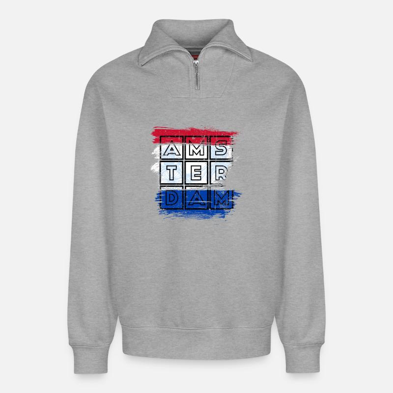 Amsterdam Grid Flagge - Relaxed Unisex Organic Half Zip Sweatshirt – von SPREAD - Grau meliert