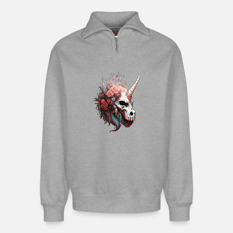 Einhornschädel mit Blumen - Relaxed Unisex Organic Half Zip Sweatshirt – von SPREAD - Grau meliert