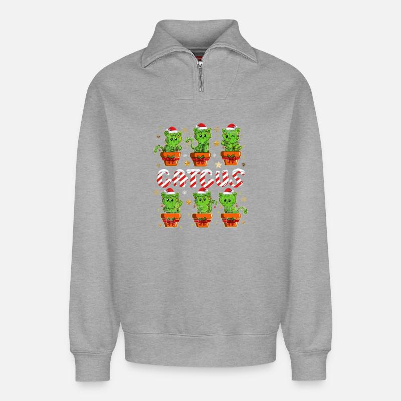 Cactus de Noël Caticus - Sweat unisexe décontracté en coton biologique à demi-zip – de SPREAD - gris chiné
