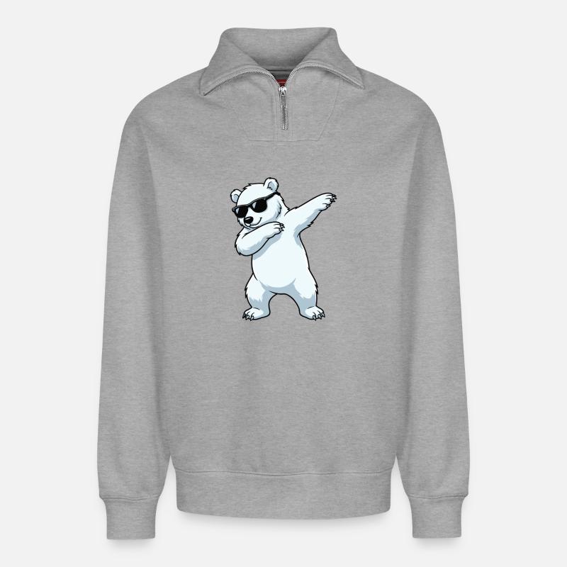 Dessin animé Dab Polar Bear - Sweat unisexe décontracté en coton biologique à demi-zip – de SPREAD - gris chiné