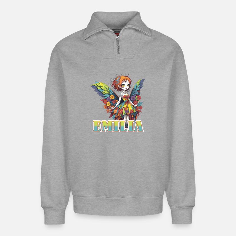 Emilia - Mädchenname - Fee  - Relaxed Unisex Organic Half Zip Sweatshirt – von SPREAD - Grau meliert