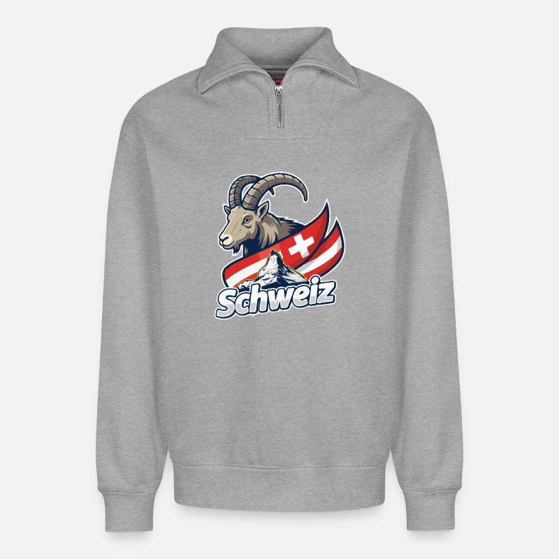 Alpensteinbock mit Schweizer Flagge - Relaxed Unisex Organic Half Zip Sweatshirt – von SPREAD - Grau meliert