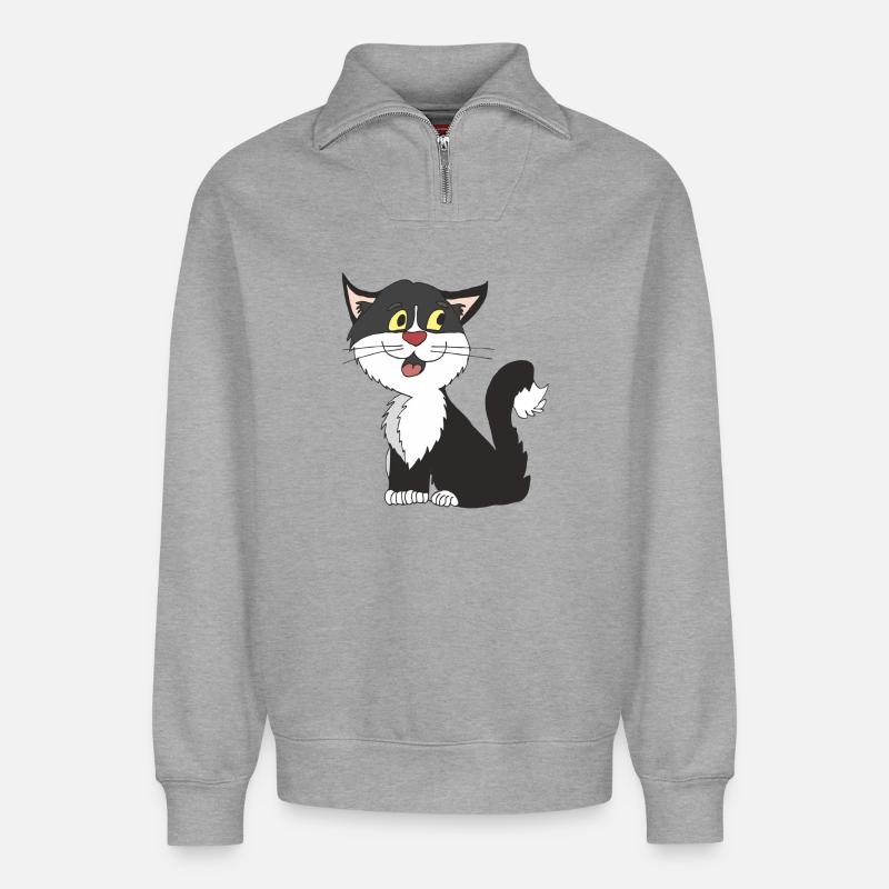 chat noir blanc - Sweat unisexe décontracté en coton biologique à demi-zip – de SPREAD - gris chiné