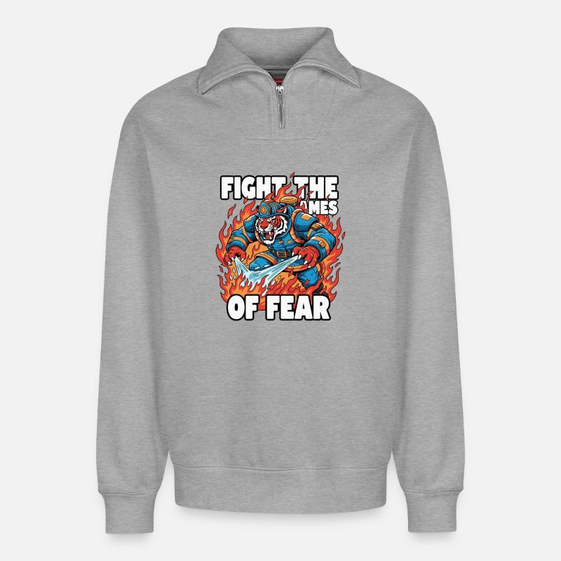 FireTiger combattant la peur - Sweat unisexe décontracté en coton biologique à demi-zip – de SPREAD - gris chiné