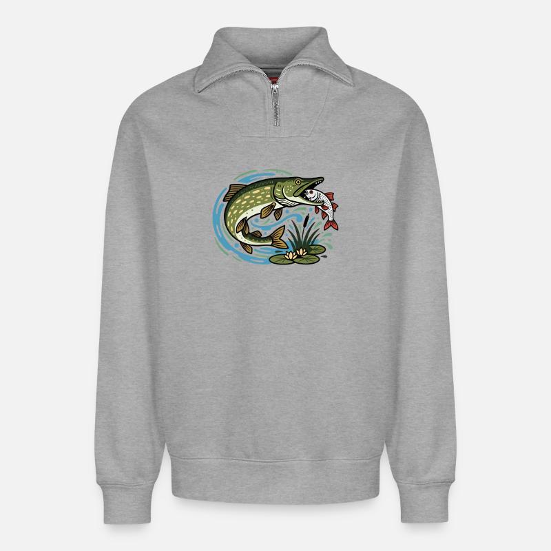 Le brochet attrape le cafard - Sweat unisexe décontracté en coton biologique à demi-zip – de SPREAD - gris chiné
