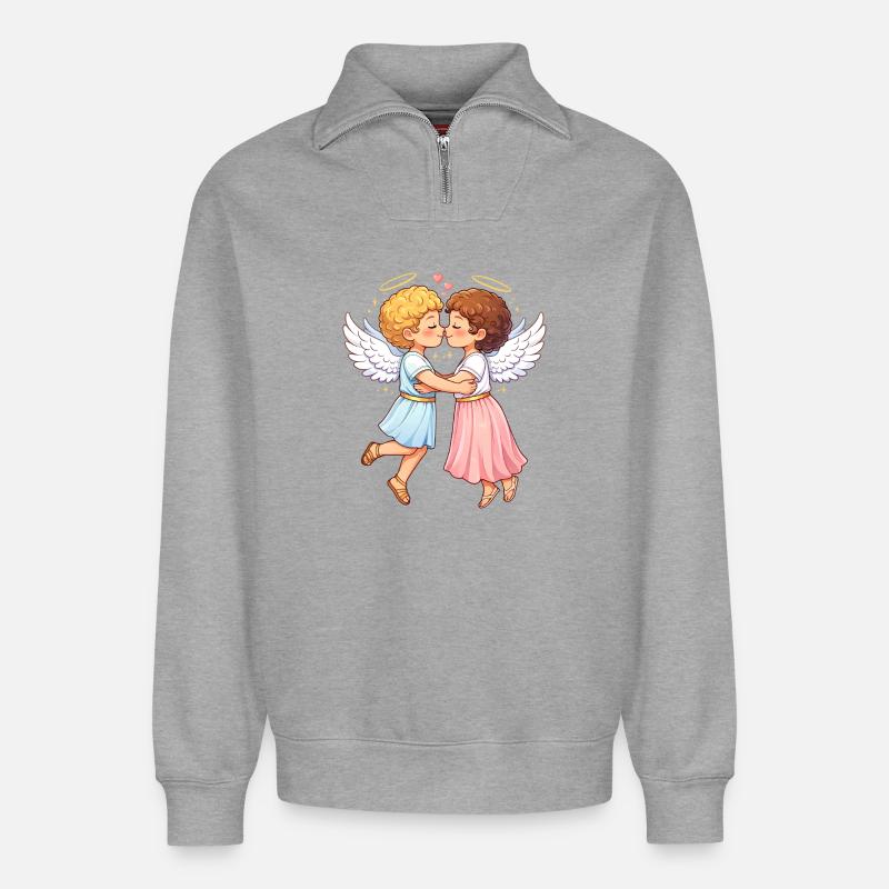 Deux anges amoureux – étreinte céleste - Sweat unisexe décontracté en coton biologique à demi-zip – de SPREAD - gris chiné