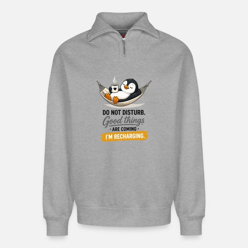 Penguin Recharging Hammock - Relaxed Unisex Organic Half Zip Sweatshirt – by SPREAD - heather grey