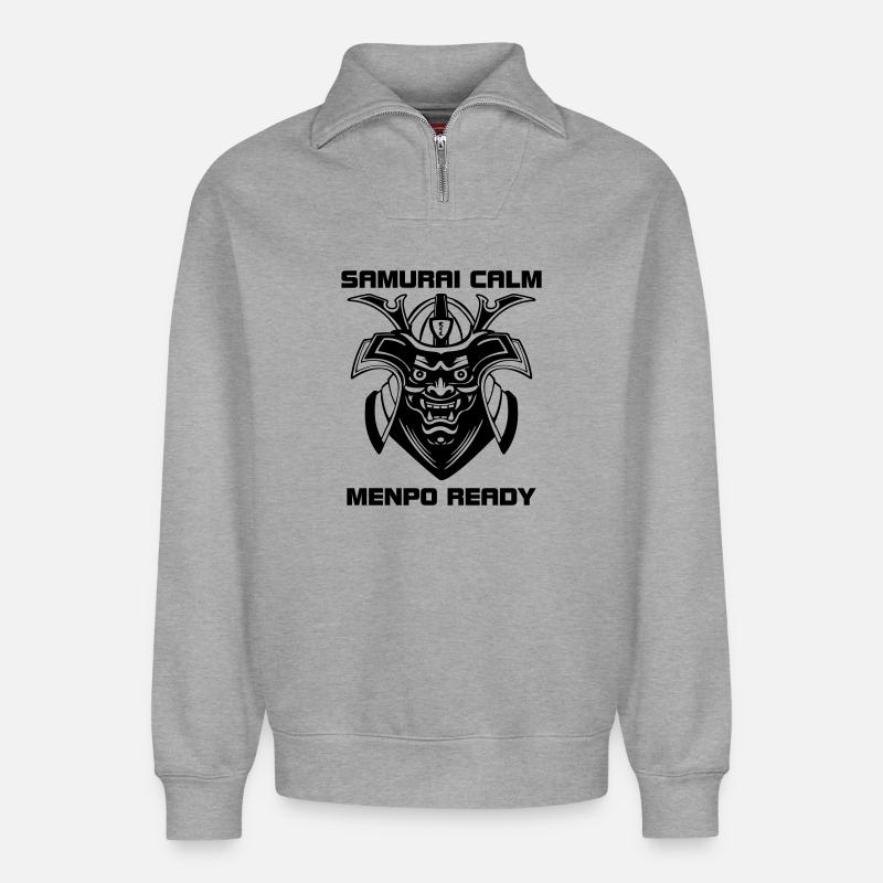 Samurai Calm – Menpo Ready - Sweat unisexe décontracté en coton biologique à demi-zip – de SPREAD - gris chiné