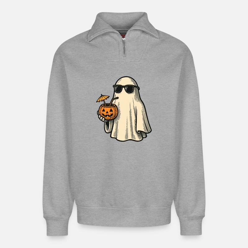 Cooles Halloweengespenst mit Cocktail - Relaxed Unisex Organic Half Zip Sweatshirt – von SPREAD - Grau meliert