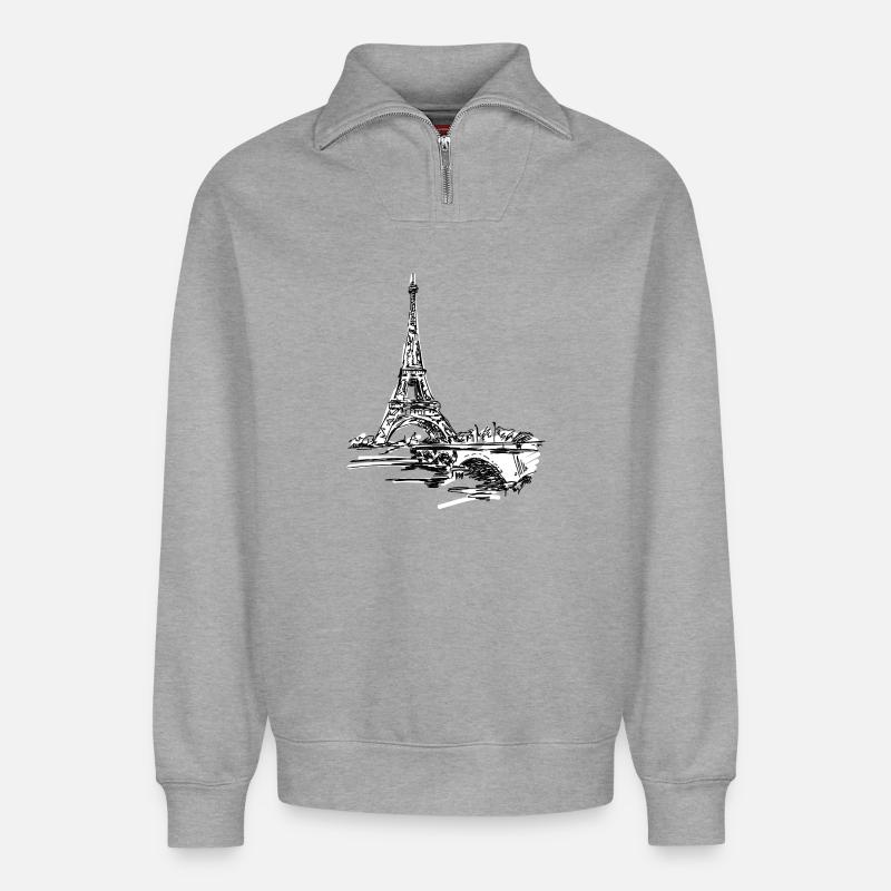 Pariser Skyline: Skizzenhafter Eiffel Turm - Relaxed Unisex Organic Half Zip Sweatshirt – von SPREAD - Grau meliert