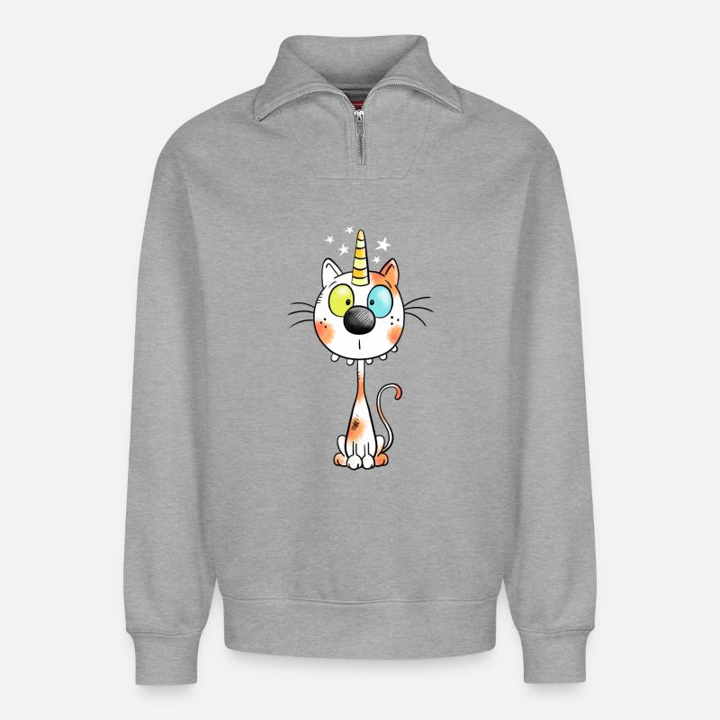 Mignon chat comique - Sweat unisexe décontracté en coton biologique à demi-zip – de SPREAD - gris chiné