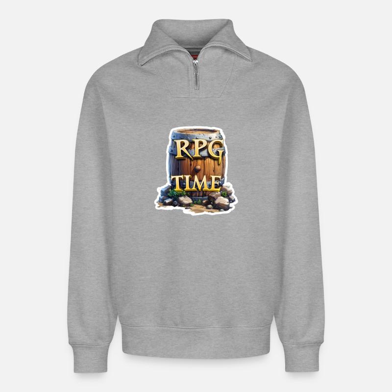 RPG Time Rollenspiel Fass mit Bier - Relaxed Unisex Organic Half Zip Sweatshirt – von SPREAD - Grau meliert
