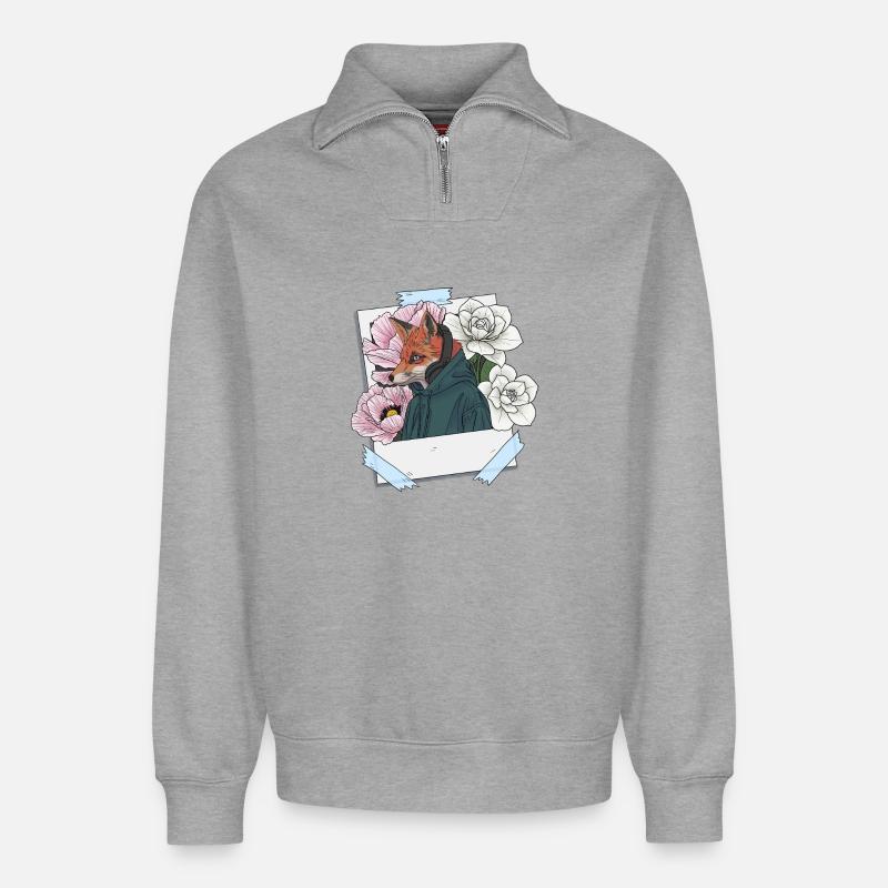 Fuchs mit Kopfhörern und Blumenthema - Relaxed Unisex Organic Half Zip Sweatshirt – von SPREAD - Grau meliert