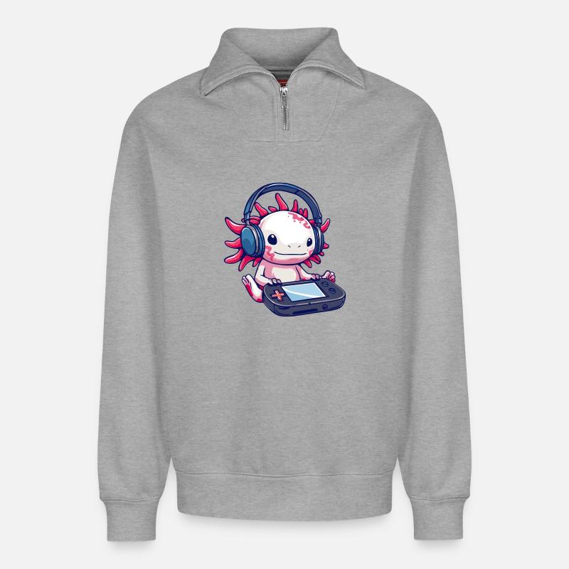 Axolotl mit Kopfhörern und Gaming-Controller - Relaxed Unisex Organic Half Zip Sweatshirt – von SPREAD - Grau meliert