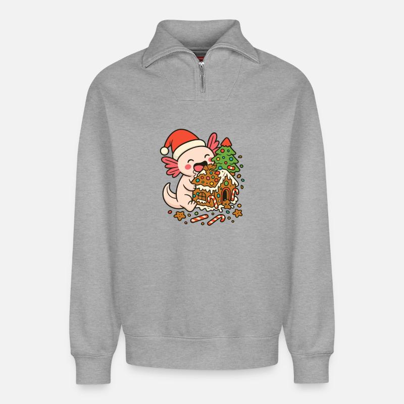 Weihnachts Axolotl – Lebkuchenhaus Design - Relaxed Unisex Organic Half Zip Sweatshirt – von SPREAD - Grau meliert