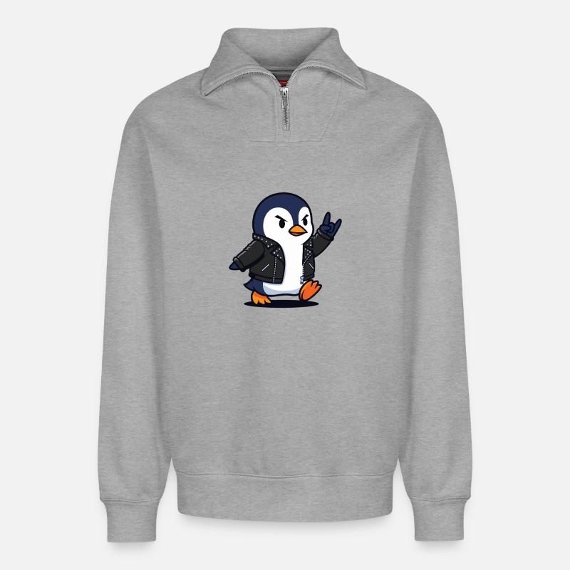 Rocker-Pinguin in Lederjacke mit Teufelshorn - Relaxed Unisex Organic Half Zip Sweatshirt – von SPREAD - Grau meliert
