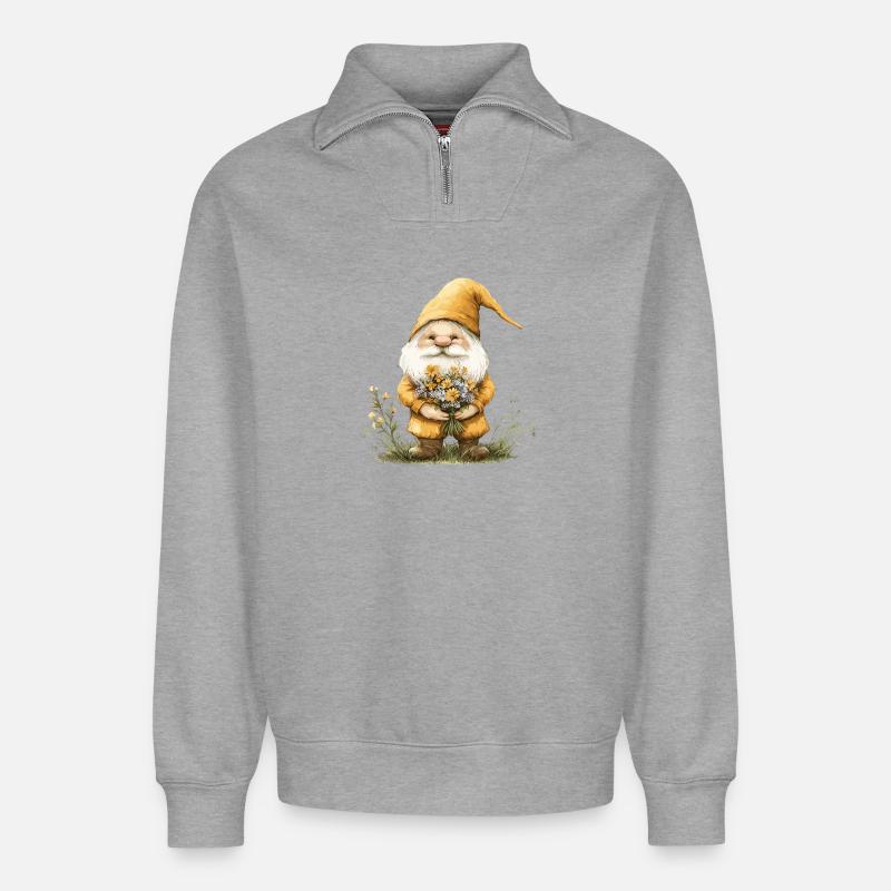 Gnome avec panier de fleurs - Sweat unisexe décontracté en coton biologique à demi-zip – de SPREAD - gris chiné