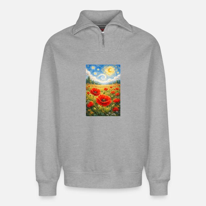 Mohnblume Sternennacht - Relaxed Unisex Organic Half Zip Sweatshirt – von SPREAD - Grau meliert