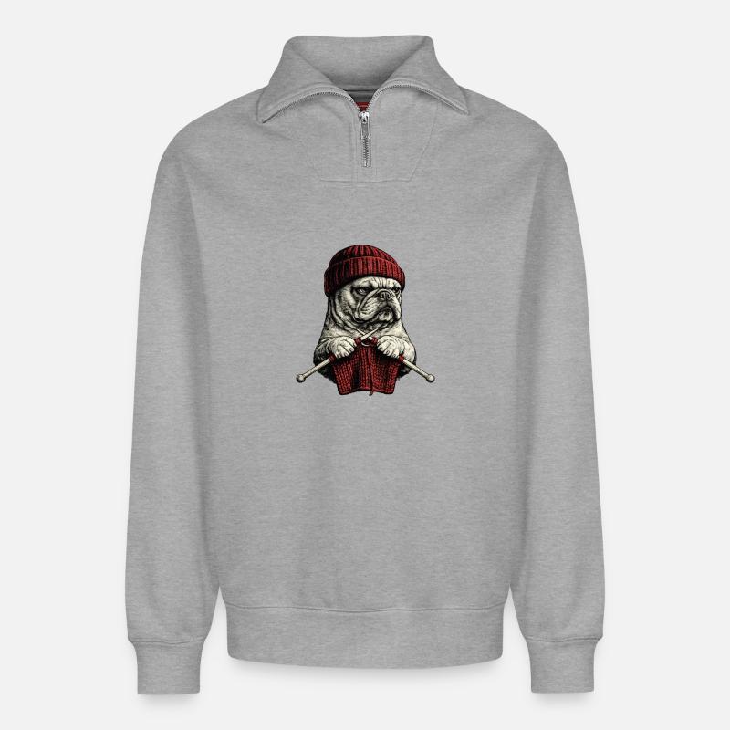 Bulldoggen-Stricker in rotem Strick - Relaxed Unisex Organic Half Zip Sweatshirt – von SPREAD - Grau meliert