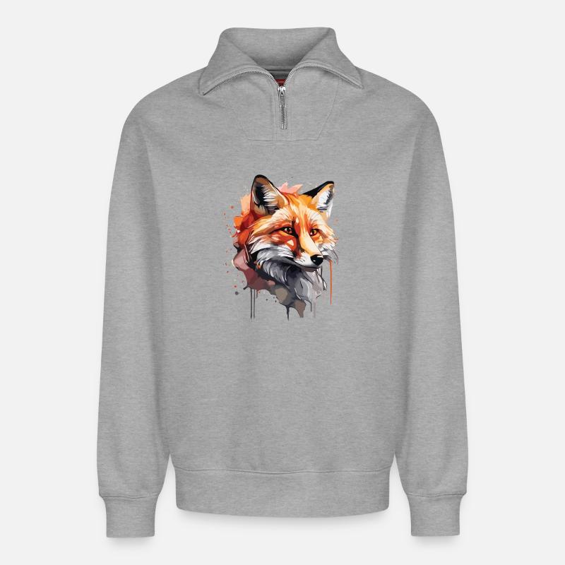Renard mignon - Sweat unisexe décontracté en coton biologique à demi-zip – de SPREAD - gris chiné
