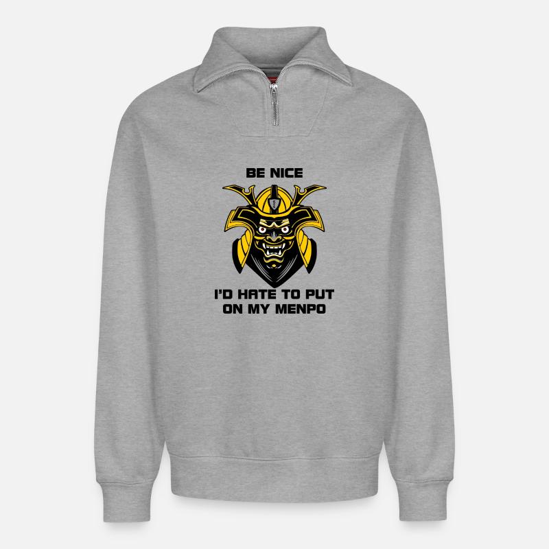 Gelb-schwarzer Menpo mit Warntext - Relaxed Unisex Organic Half Zip Sweatshirt – von SPREAD - Grau meliert