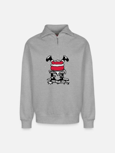 Julemanden er kørt fast i skorsten - Unisex sweatshirt i økologisk bomuld med half zip og afslappet pasform – fra SPREAD - grå meleret