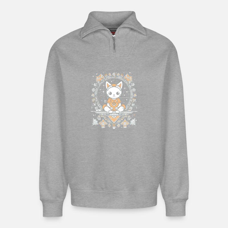 Kosmische Katze im Kristall-Mandala - Relaxed Unisex Organic Half Zip Sweatshirt – von SPREAD - Grau meliert