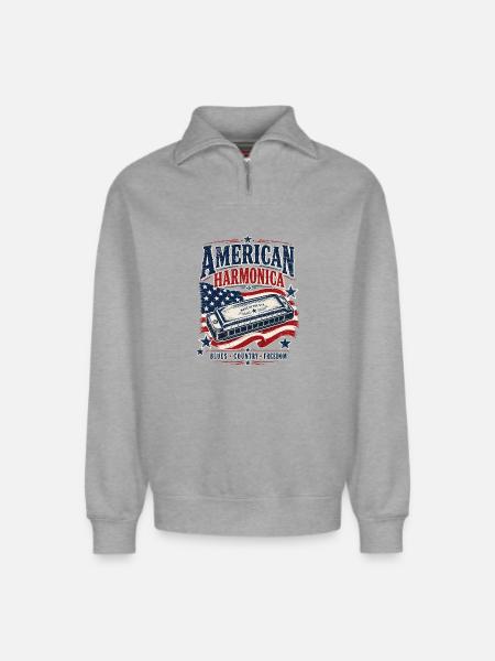 Instrument: Harmonica, Country Music, Harmonica - Relaxed Unisex Organic Half Zip Sweatshirt – by SPREAD - heather grey