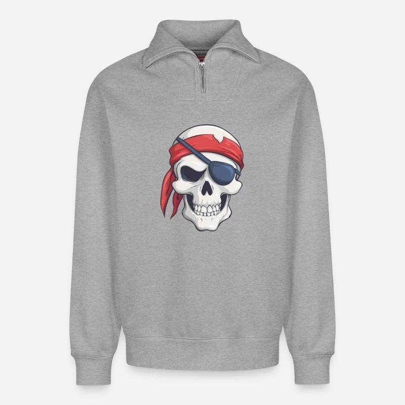 Pirate avec bandana et cache-œil - Sweat unisexe décontracté en coton biologique à demi-zip – de SPREAD - gris chiné