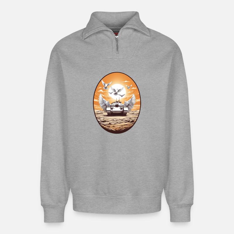 Panzer mit Friedenstauben - Relaxed Unisex Organic Half Zip Sweatshirt – von SPREAD - Grau meliert