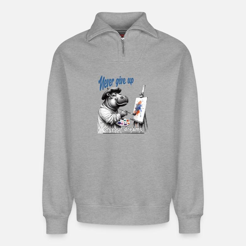 Gib niemals auf Painter Hippo - Relaxed Unisex Organic Half Zip Sweatshirt – von SPREAD - Grau meliert