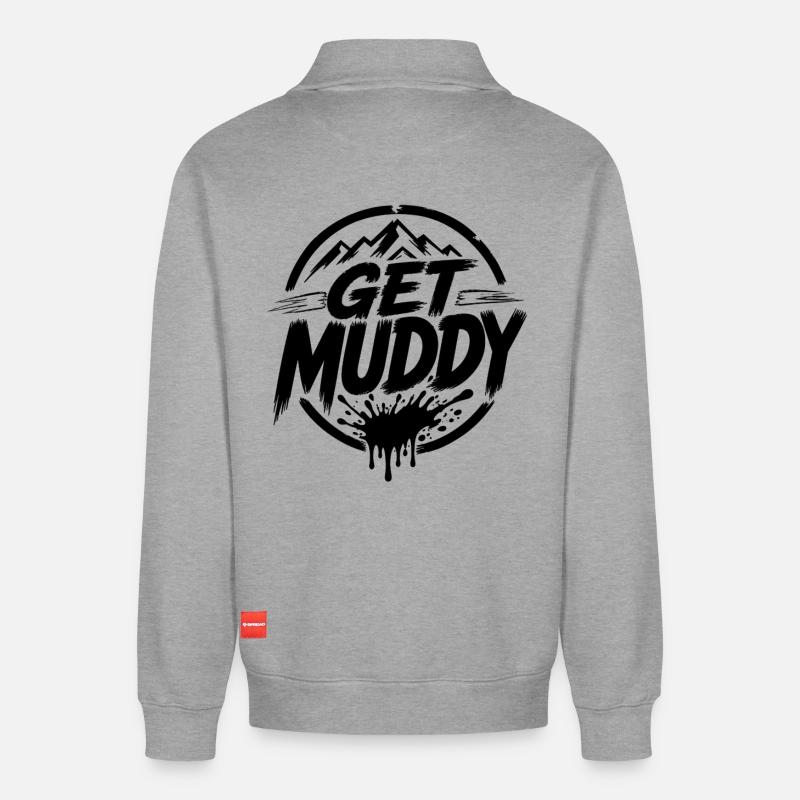 Get Muddy - Black Logo  - Relaxed Unisex Organic Half Zip Sweatshirt – von SPREAD - Grau meliert