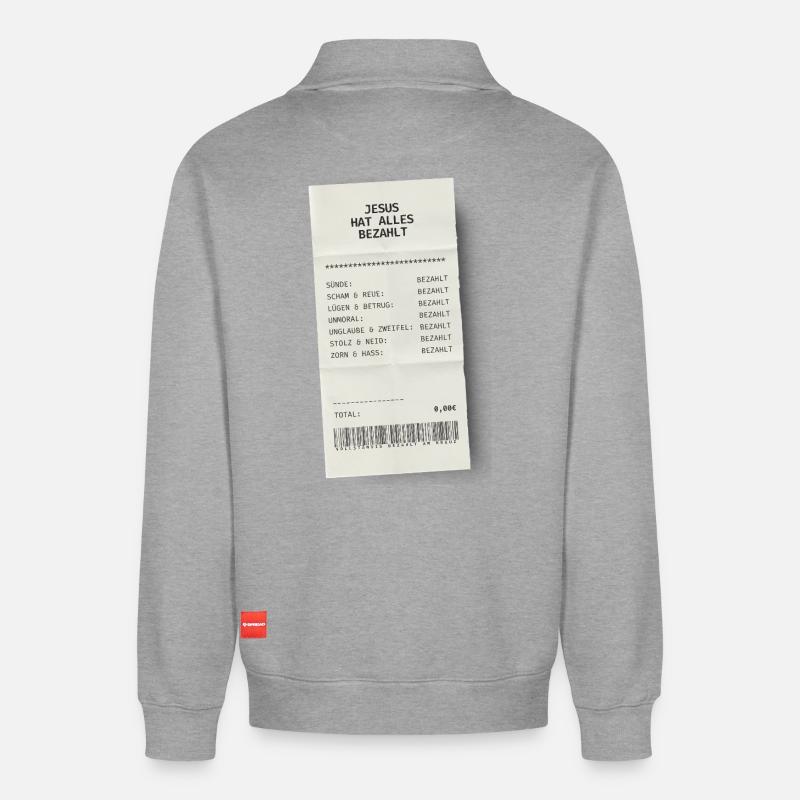 Jesus hat alles bezahlt  - Relaxed Unisex Organic Half Zip Sweatshirt – von SPREAD - Grau meliert
