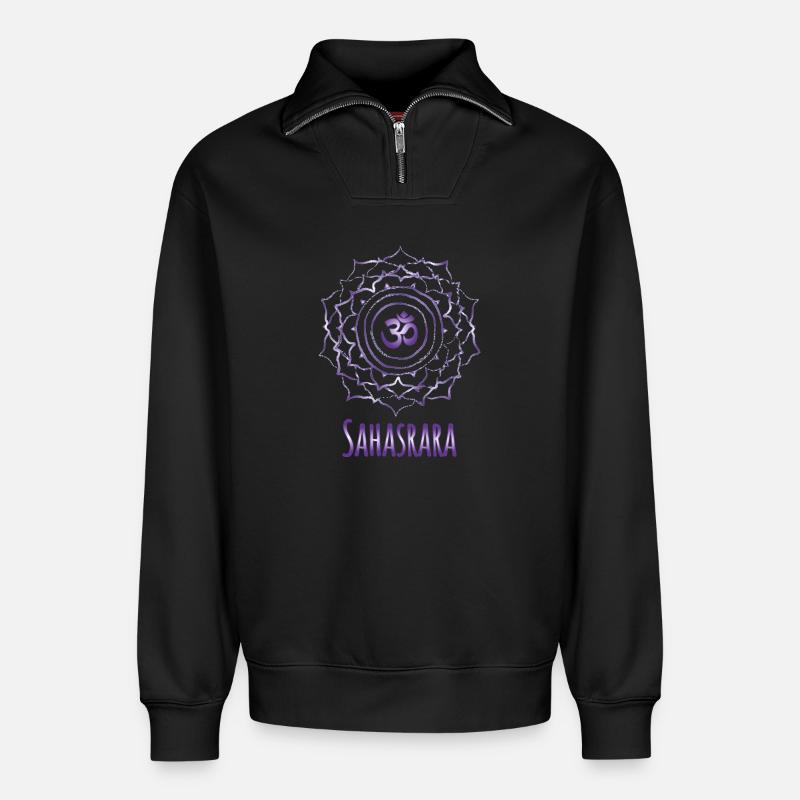 Mandala Om Sahasrara Violet Design - Sweat unisexe décontracté en coton biologique à demi-zip – de SPREAD - noir